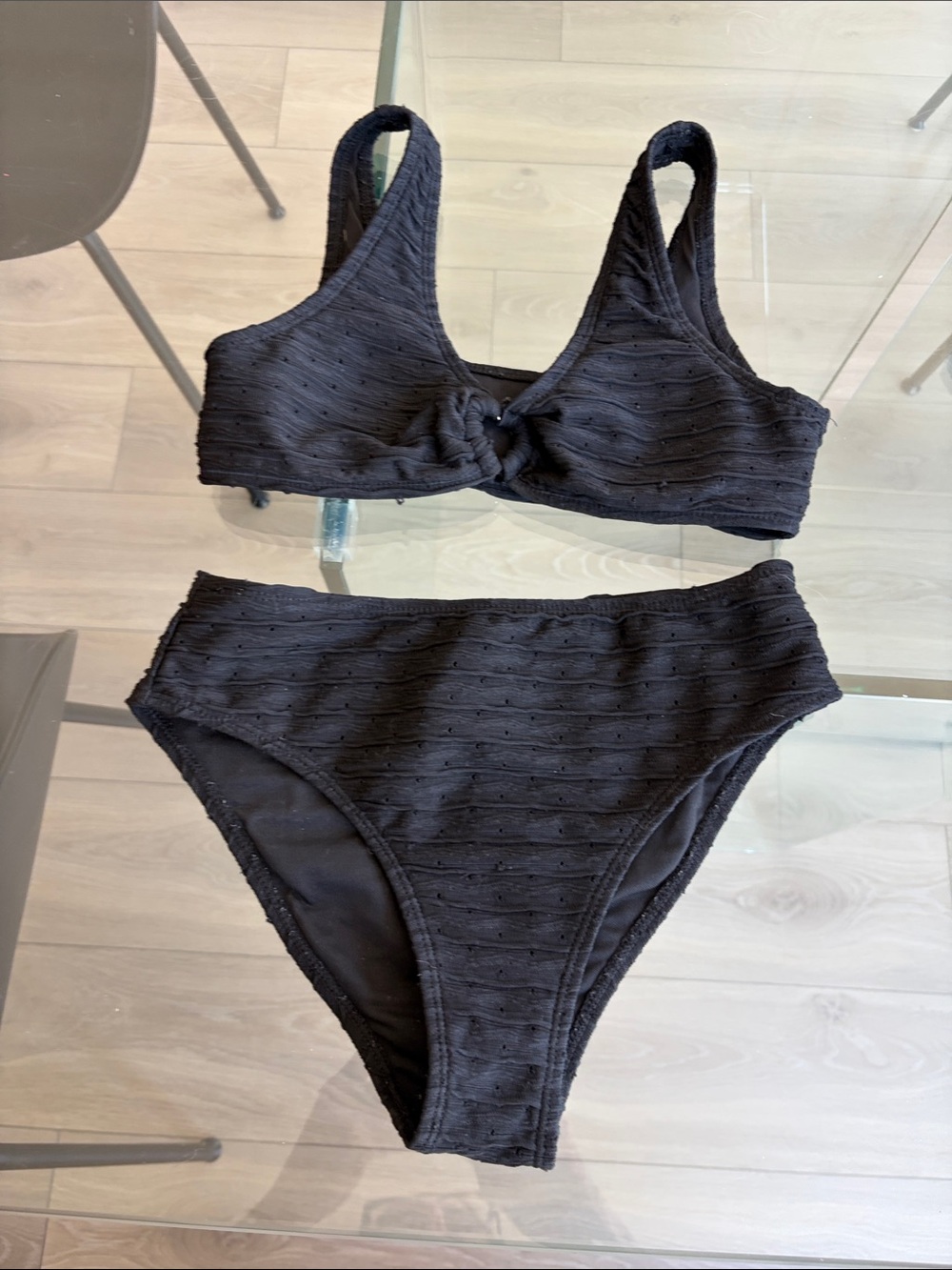 SHEIN Black Knot-Front Textured Bikini Set - Kids Swim